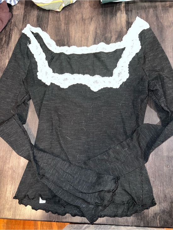 Free People Tops - Free People Black Long Sleeve Square Neck Top with White Lace Trim